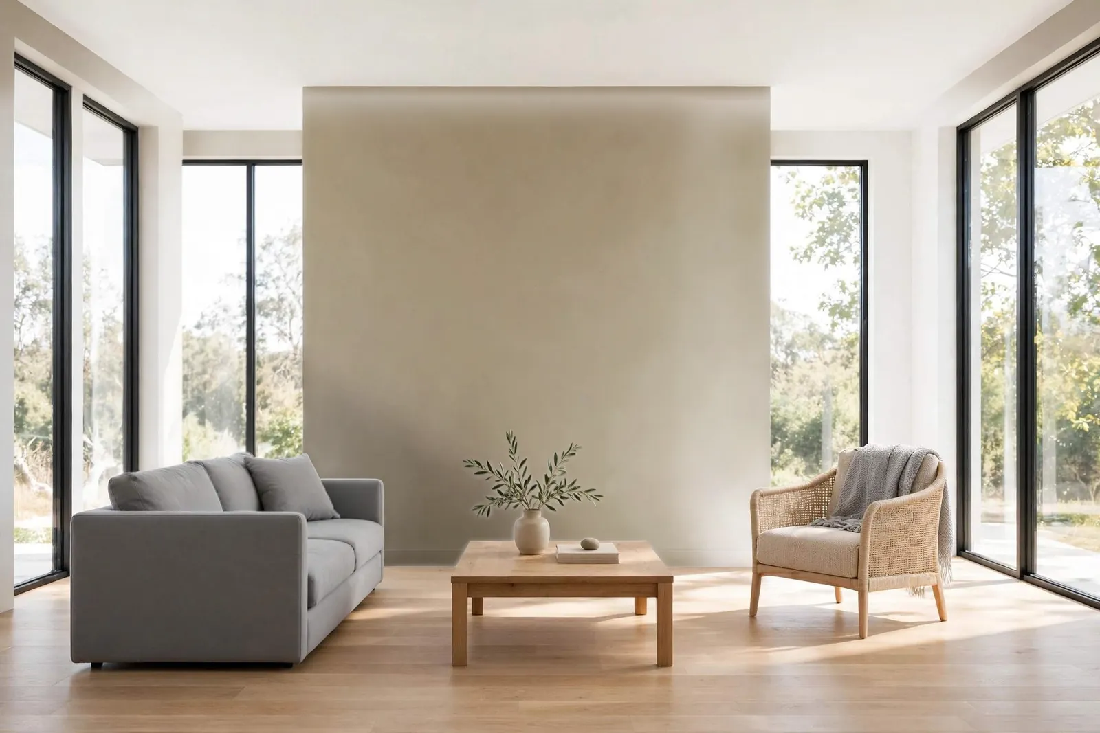 Living room repainted in Prairie Greige (concept preview)